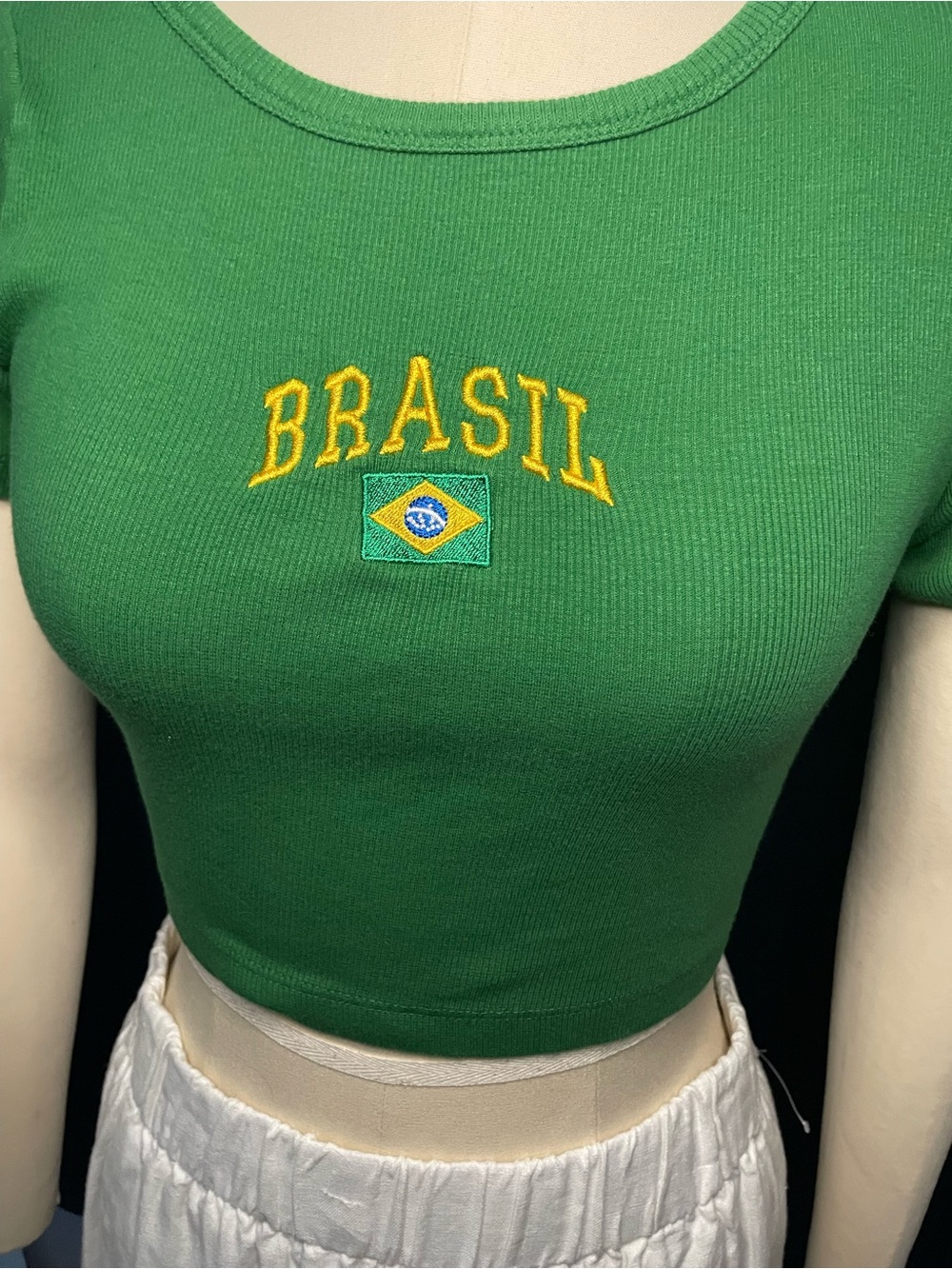 BRASIL Embroidered Green Crop Tee - Women's Top
